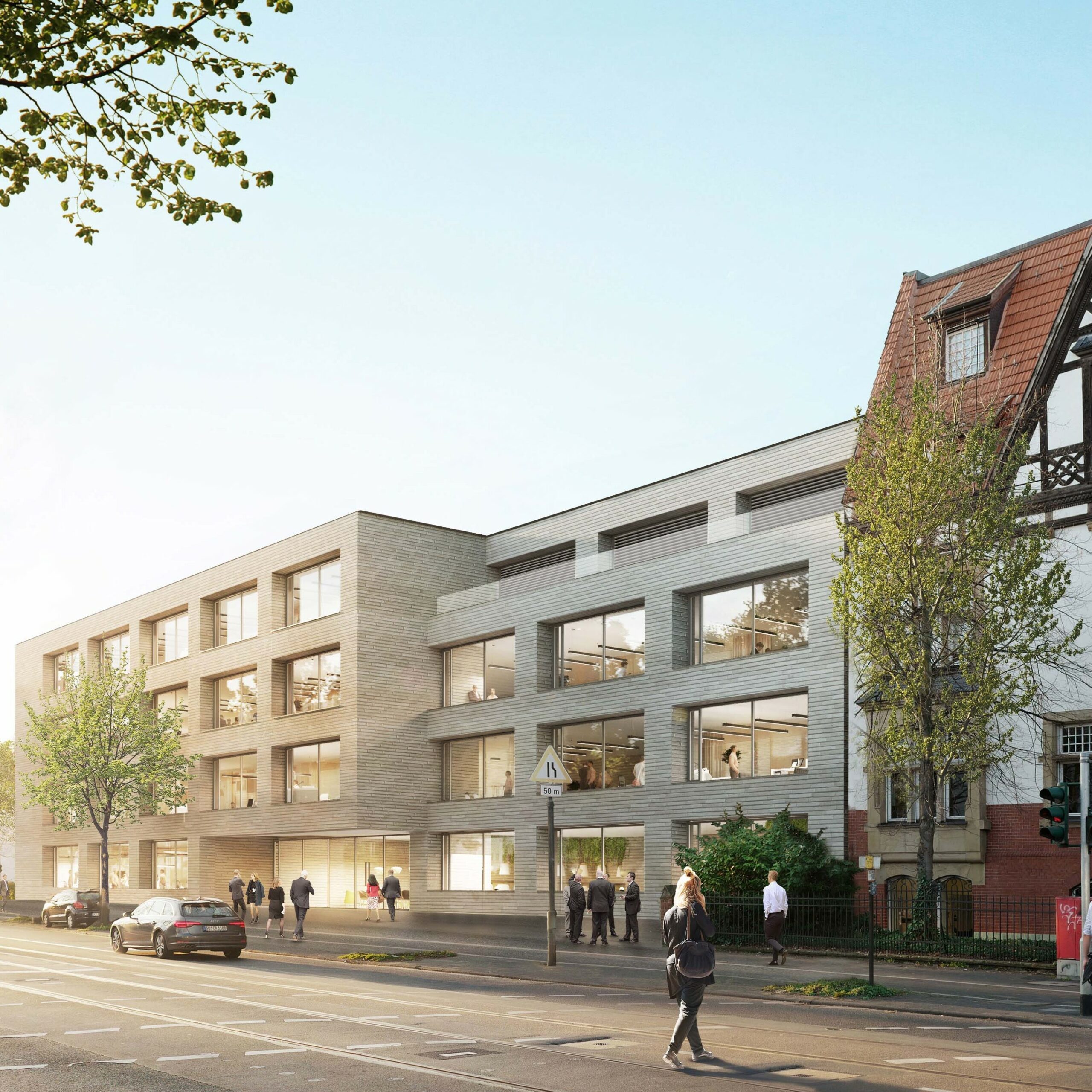 Radiologische Standorte - Straßenansicht des neuen mamonova-Standorts in Köln-Lindenthal – moderne Architektur im Zusammenspiel mit einer denkmalgeschützten Jugendstilvilla - Visualisierung